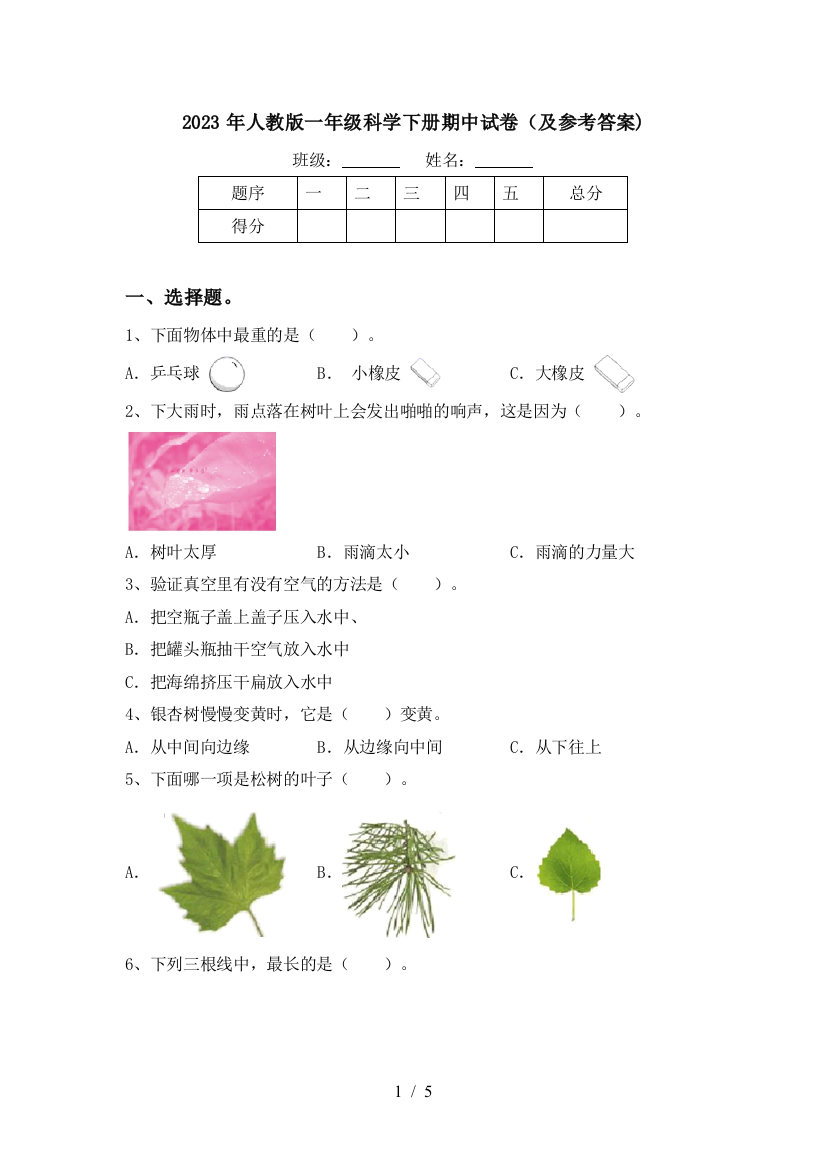 2023年人教版一年级科学下册期中试卷(及参考答案)