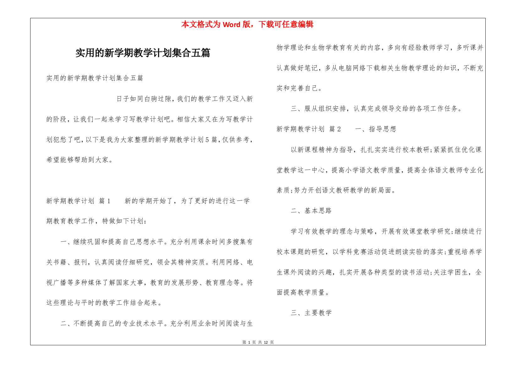 实用的新学期教学计划集合五篇