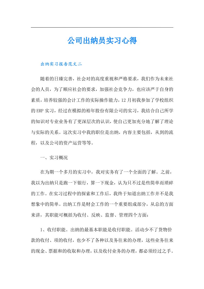 公司出纳员实习心得