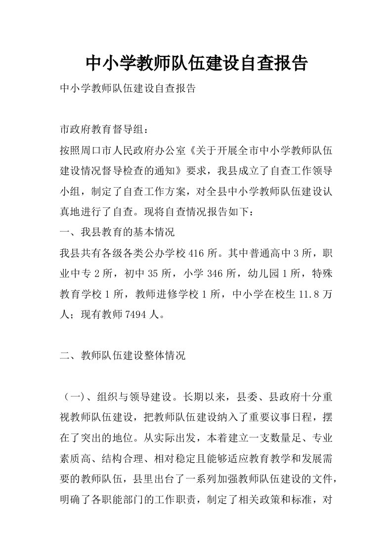 中小学教师队伍建设自查报告