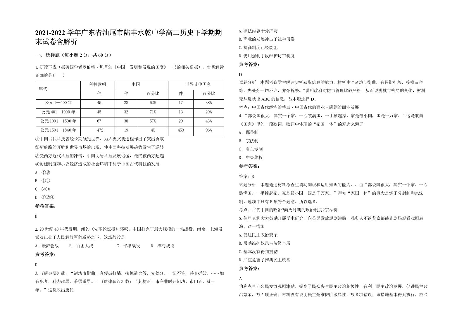 2021-2022学年广东省汕尾市陆丰水乾中学高二历史下学期期末试卷含解析