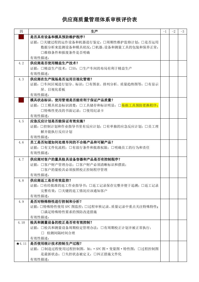 供应商质量管理体系审核评价表