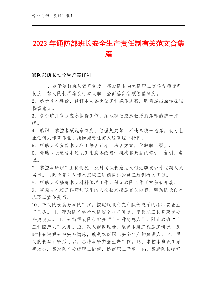 2023年通防部班长安全生产责任制范文合集篇