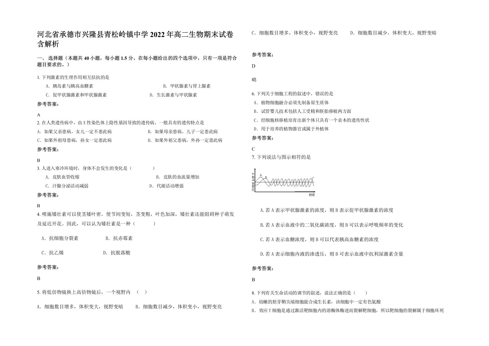 河北省承德市兴隆县青松岭镇中学2022年高二生物期末试卷含解析