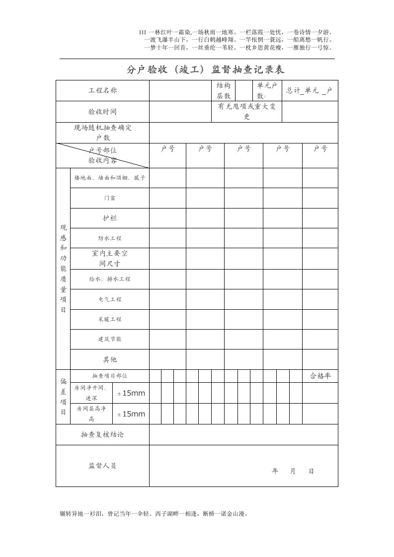 住宅工程质量分户验收(竣工)监督抽查记录表