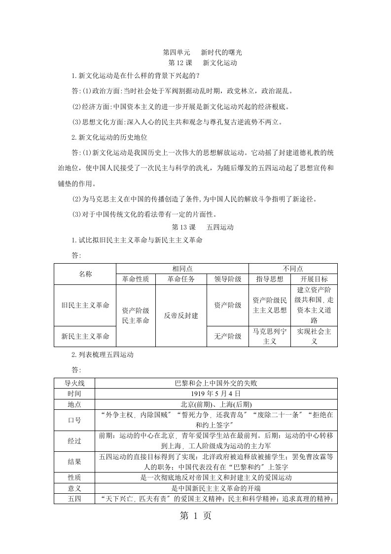 部编人教版八年级历史上册第四单元