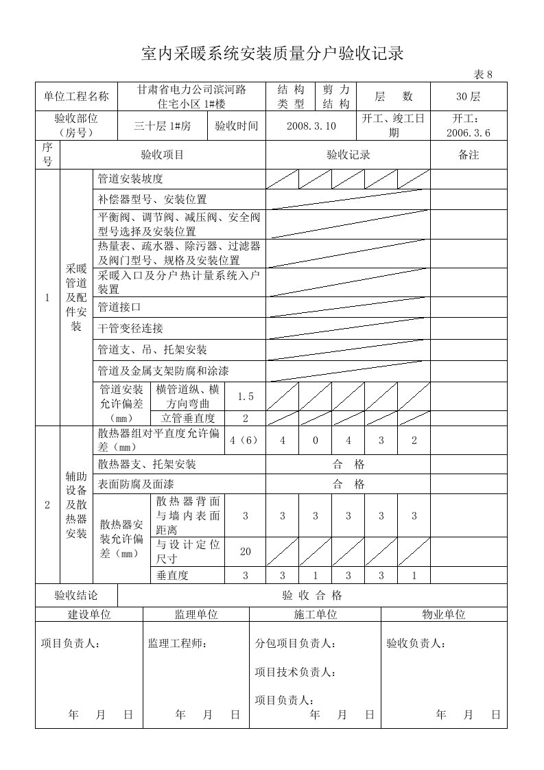 室内采暖系统安装质量分户验收记录