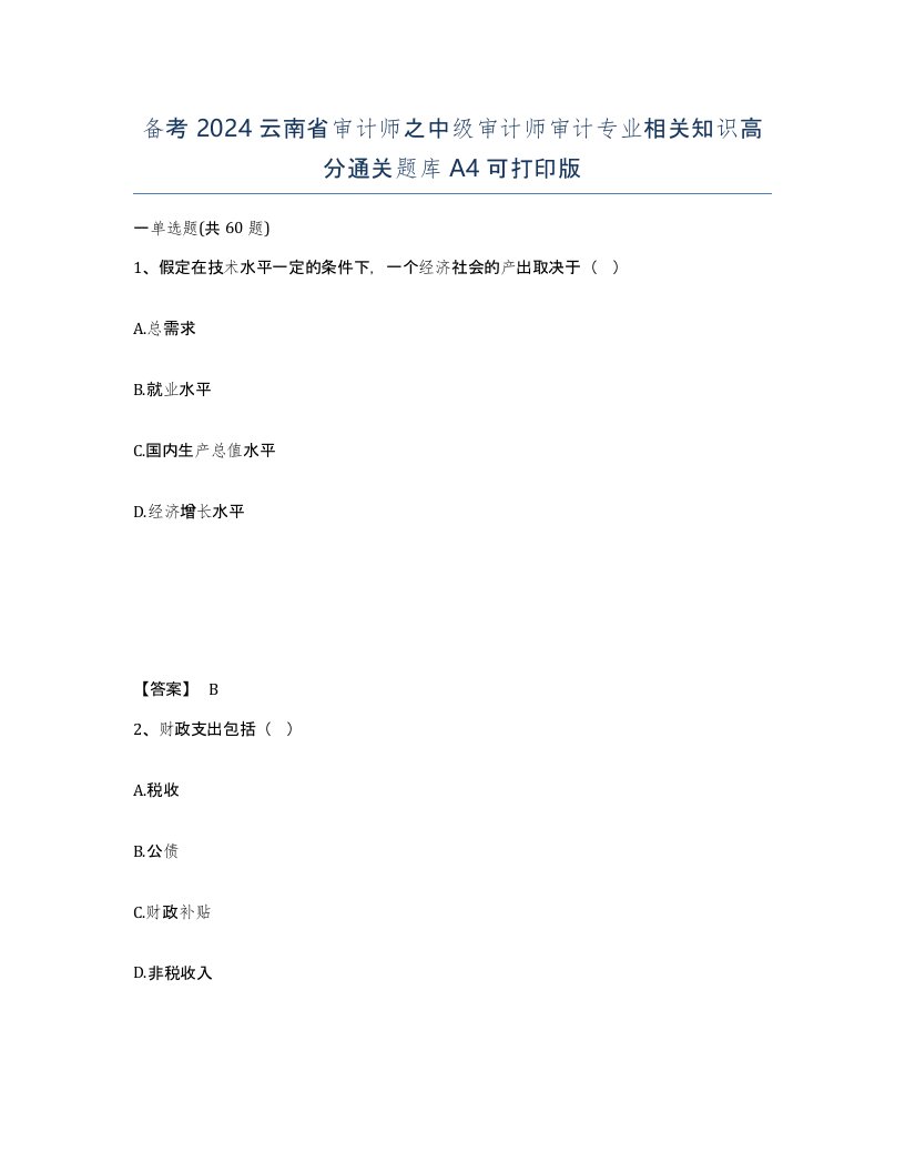 备考2024云南省审计师之中级审计师审计专业相关知识高分通关题库A4可打印版