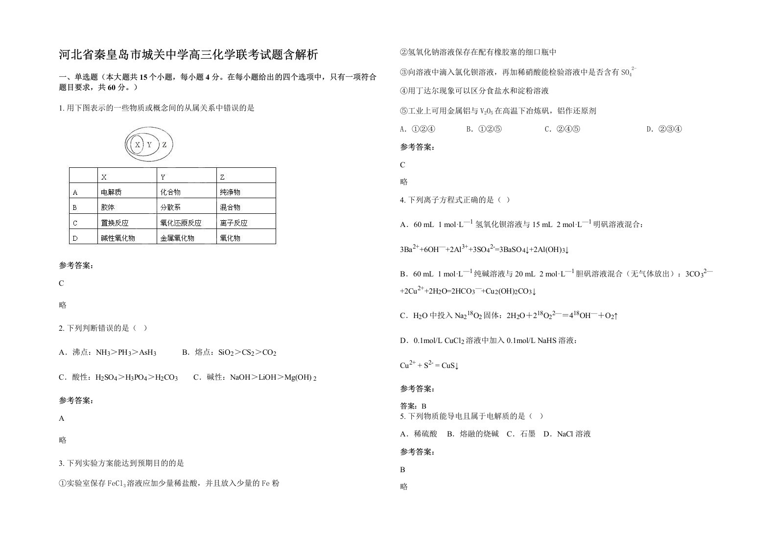 河北省秦皇岛市城关中学高三化学联考试题含解析