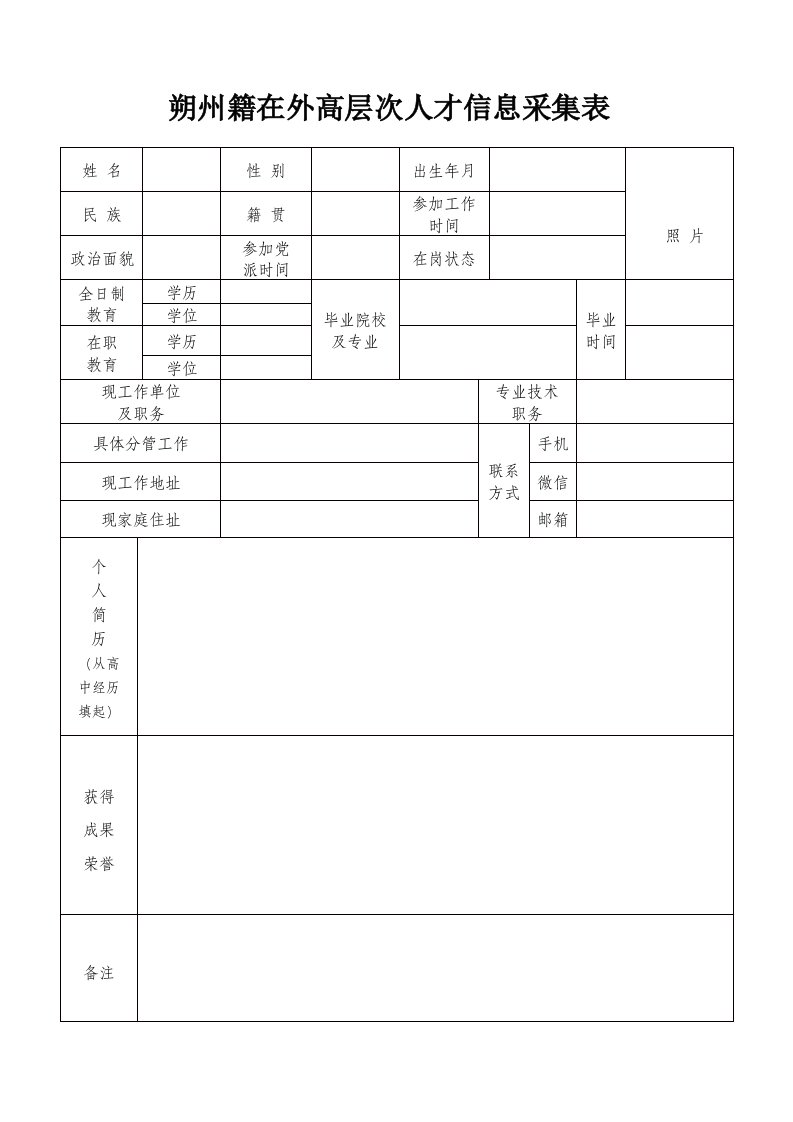 朔州籍在外高层次人才信息采集表