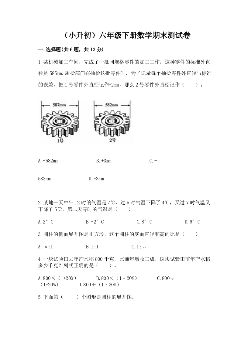 (小升初)六年级下册数学期末测试卷【易错题】