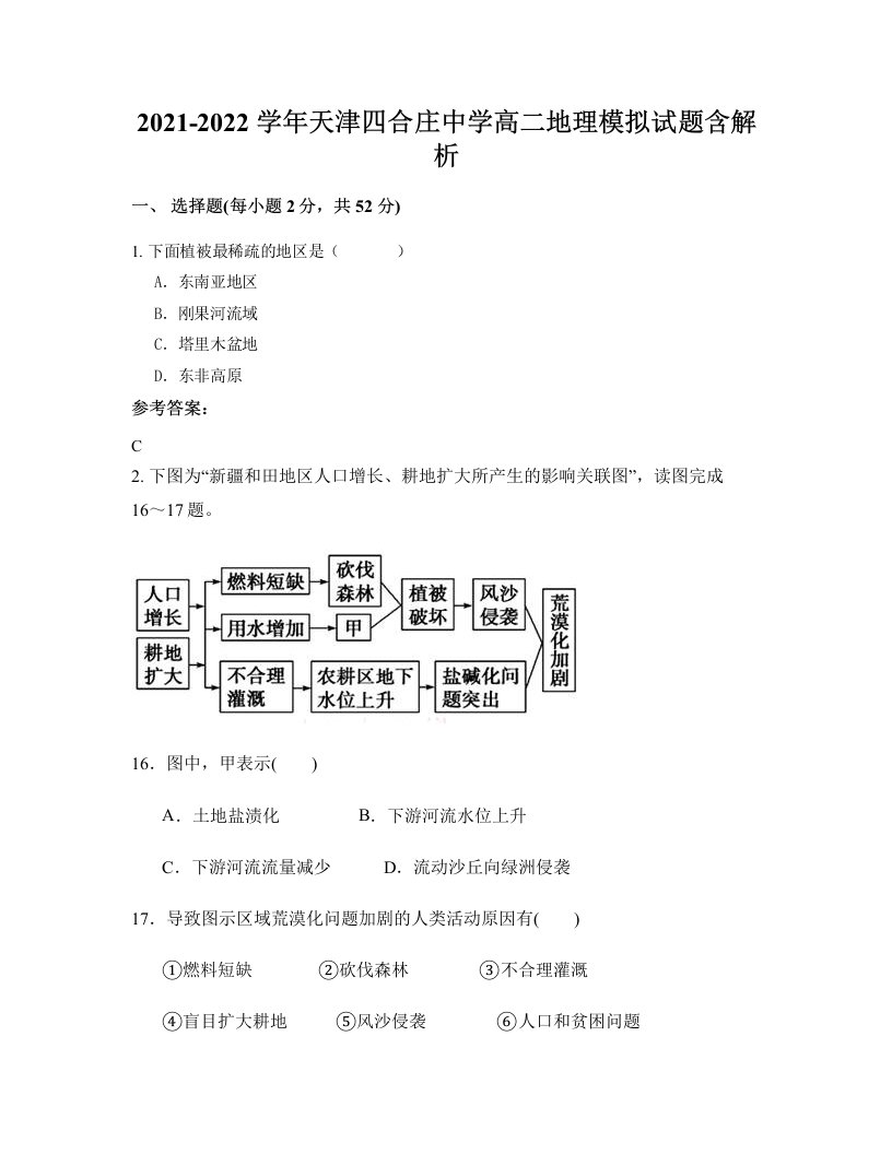 2021-2022学年天津四合庄中学高二地理模拟试题含解析