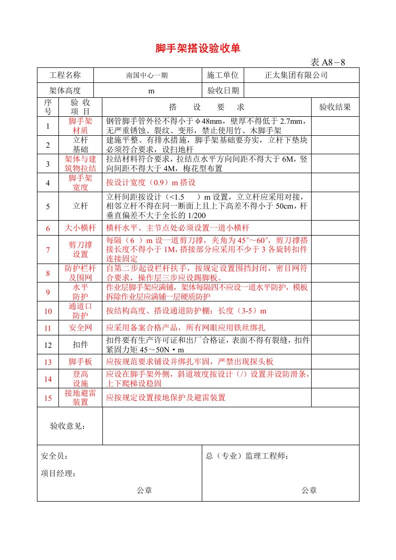 A7落地脚手架搭设验收单