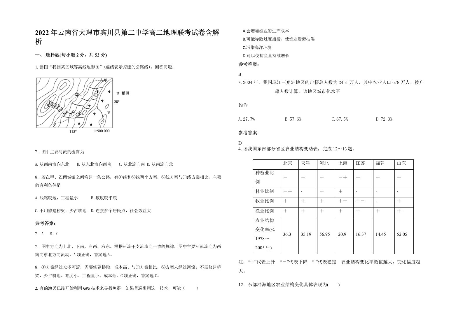 2022年云南省大理市宾川县第二中学高二地理联考试卷含解析