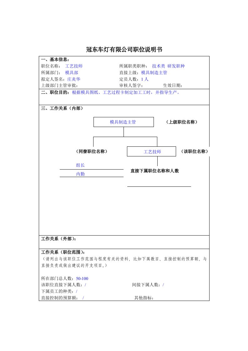 冠东车灯公司模具部工艺技师职位说明书