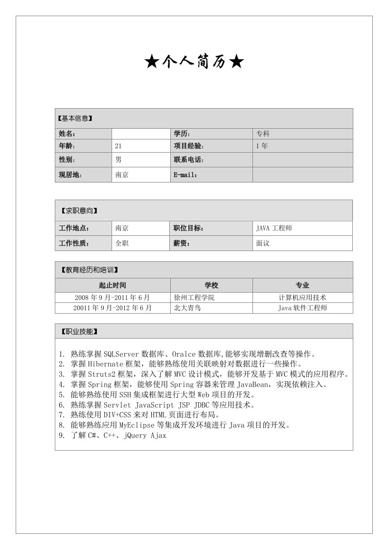 Java程序员面试简历