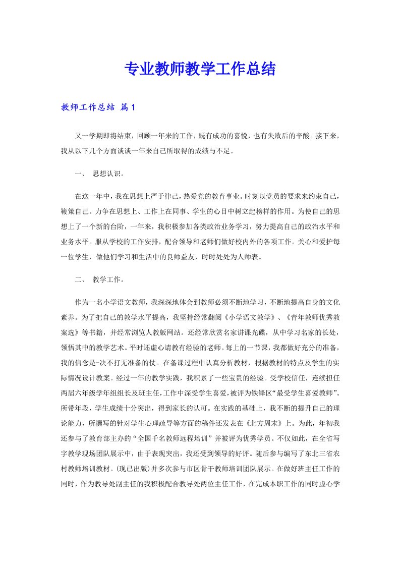 专业教师教学工作总结