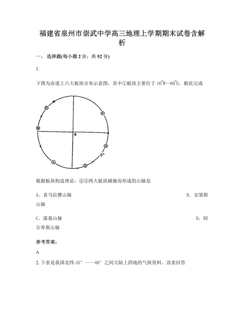 福建省泉州市崇武中学高三地理上学期期末试卷含解析