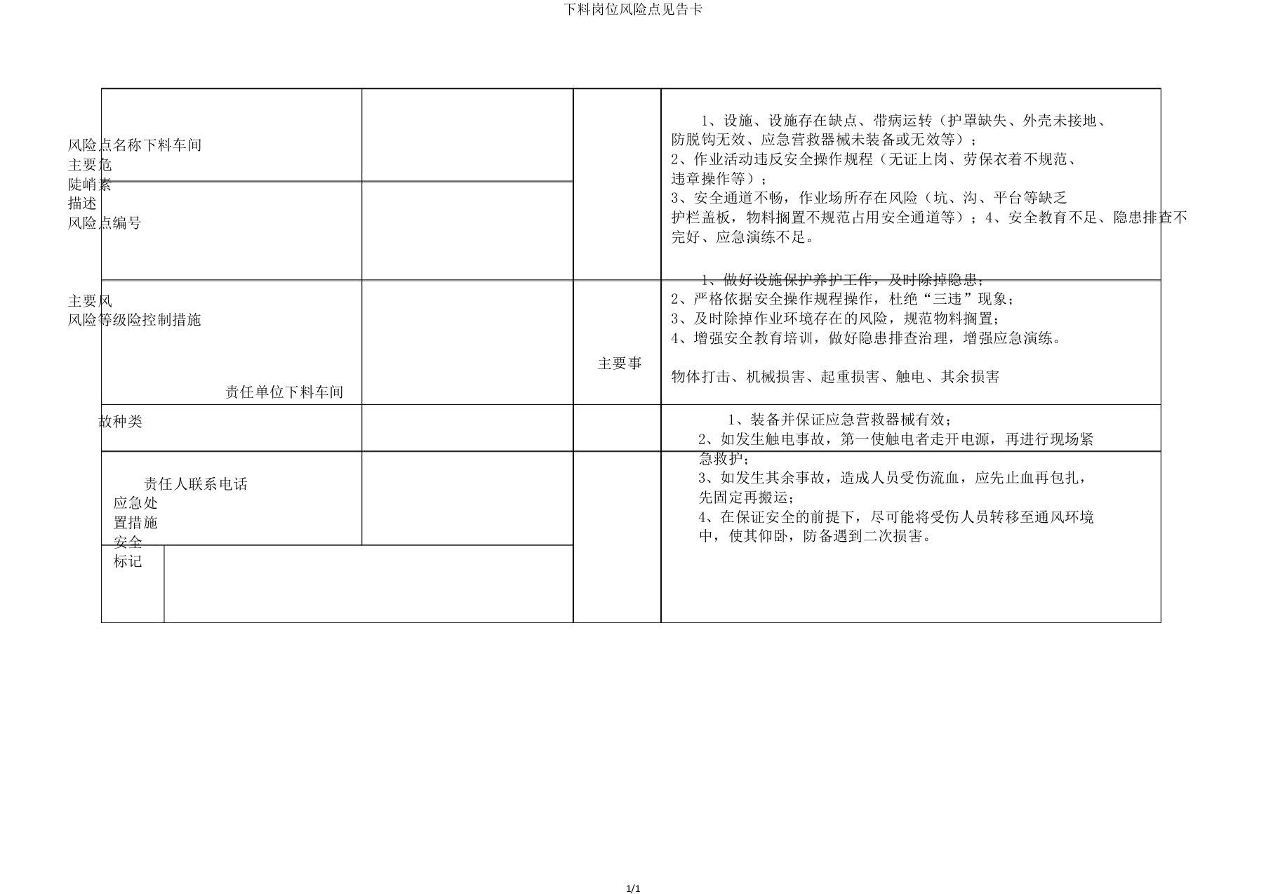 下料岗位风险点告知卡