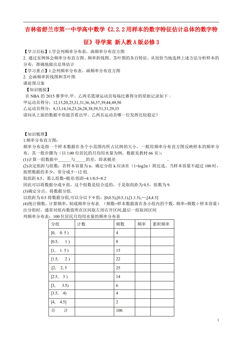 吉林省舒兰市第一中学高中数学《2.2.1用样本的频率分布估计总体分布》导学案