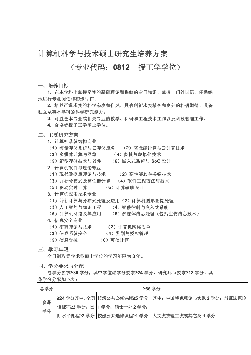 计算机科学与技术硕士研究生培养方案