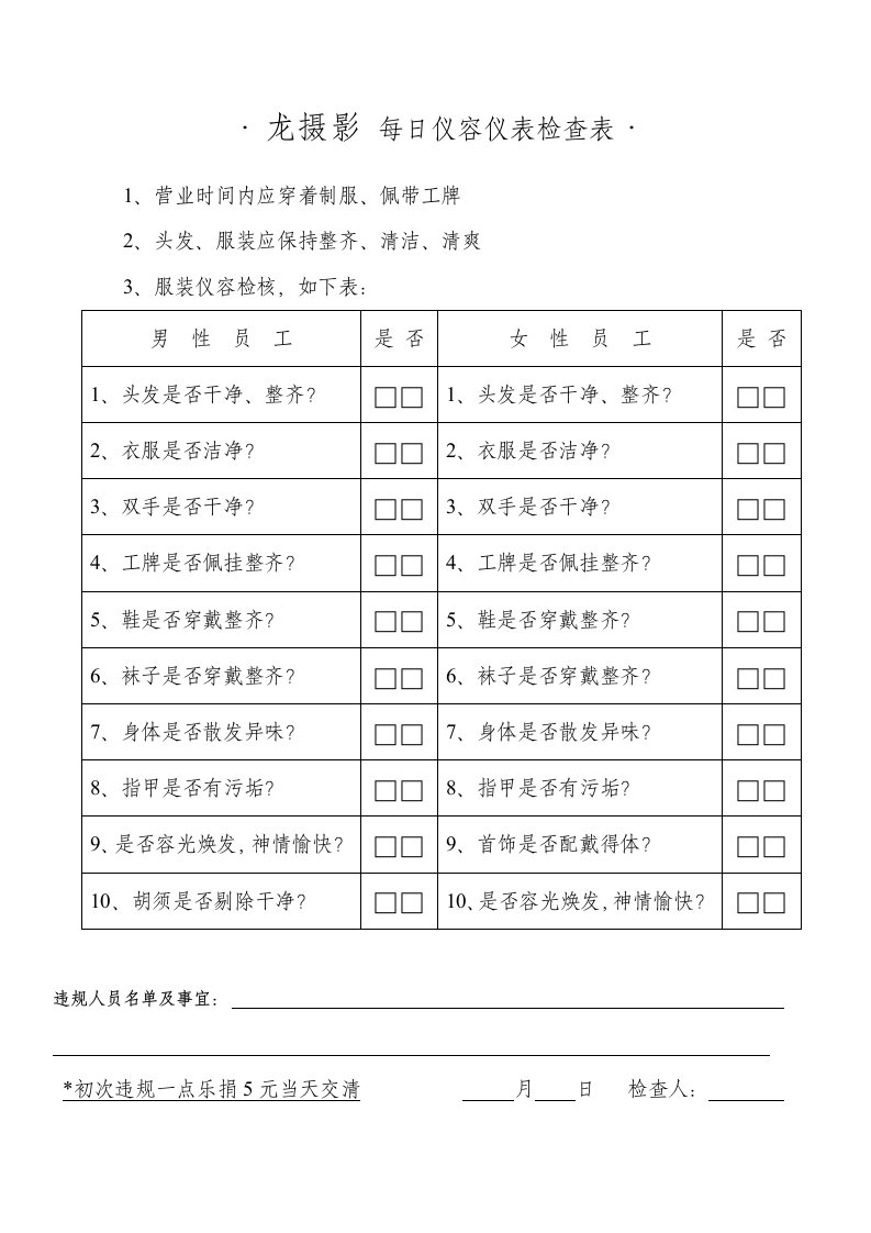 每日仪容仪表检查表