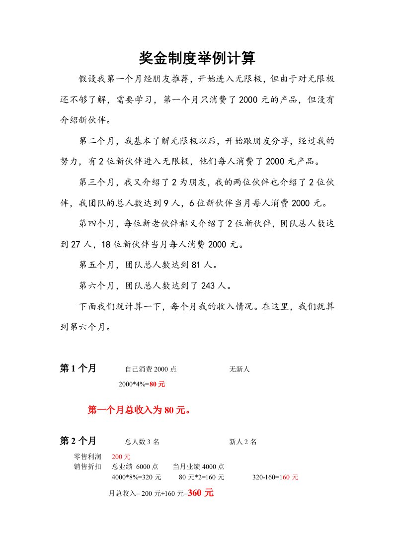 无限极奖金制度举例计算