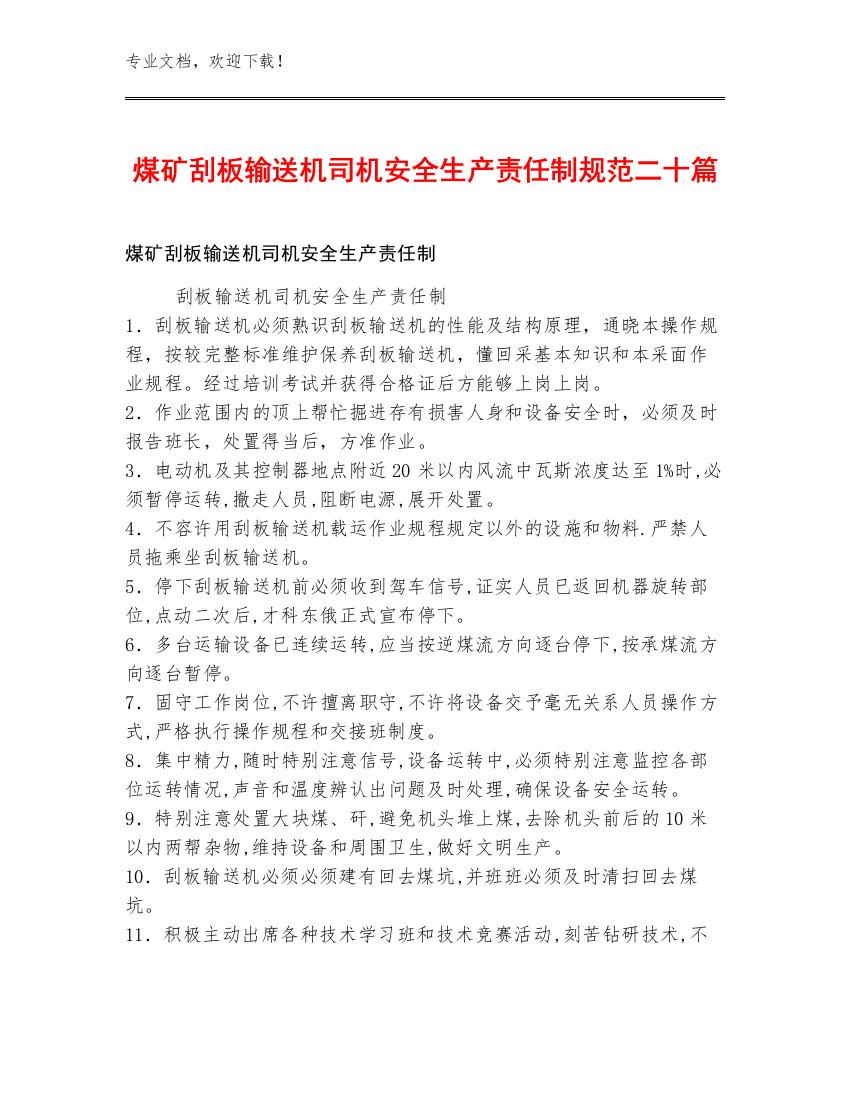 煤矿刮板输送机司机安全生产责任制规范二十篇