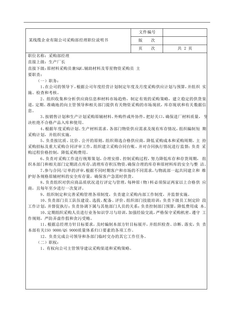 某线缆企业有限公司采购部经理职位说明书