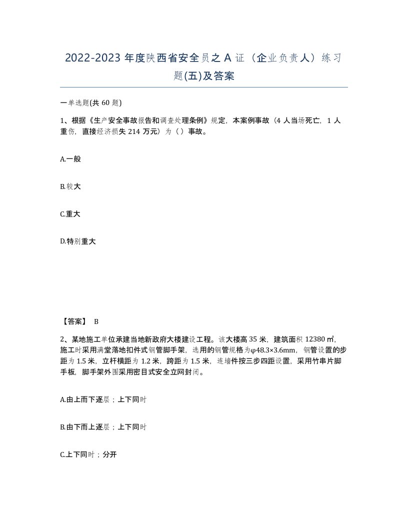 2022-2023年度陕西省安全员之A证企业负责人练习题五及答案