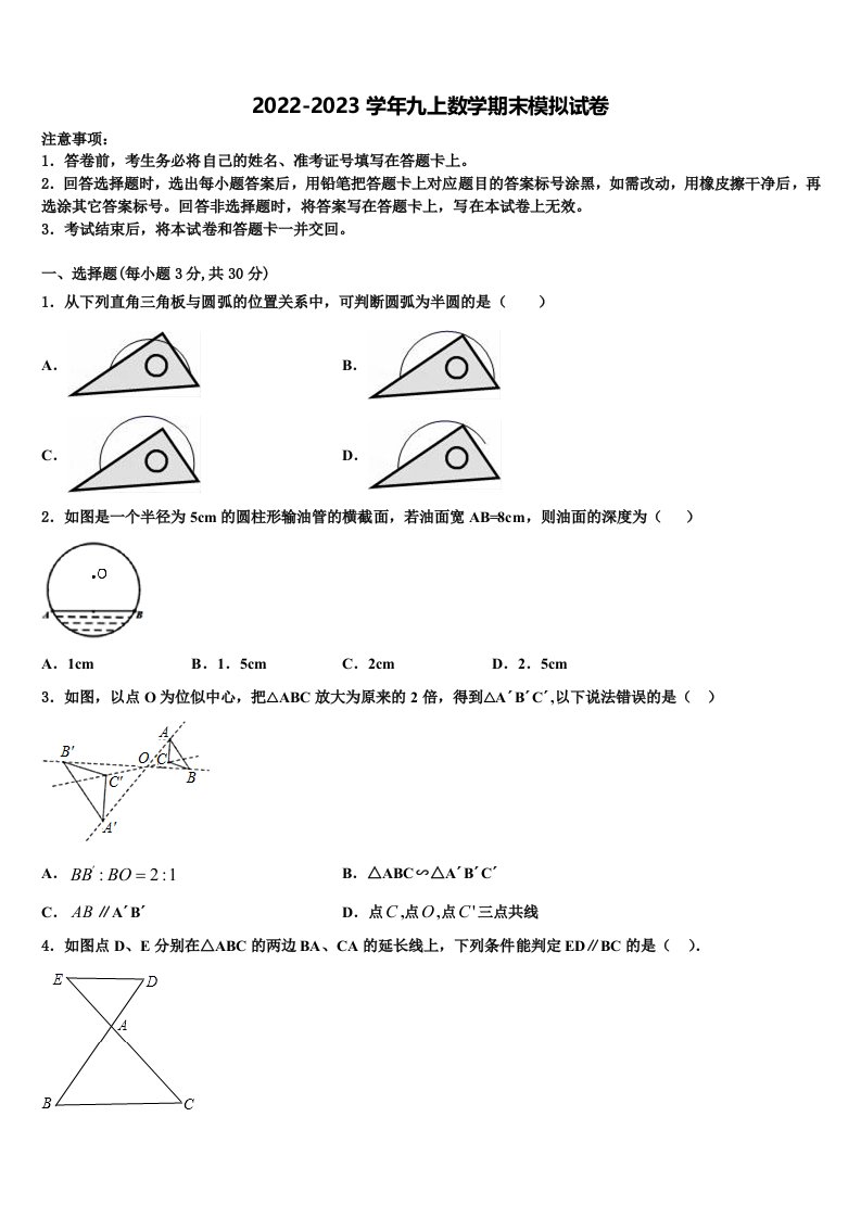 安徽省舒城县2022-2023学年九年级数学第一学期期末经典模拟试题含解析