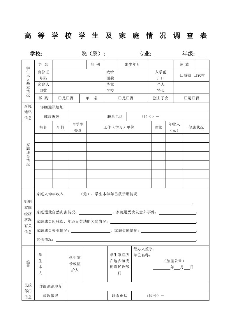 高校学生家庭情况调查表完整版