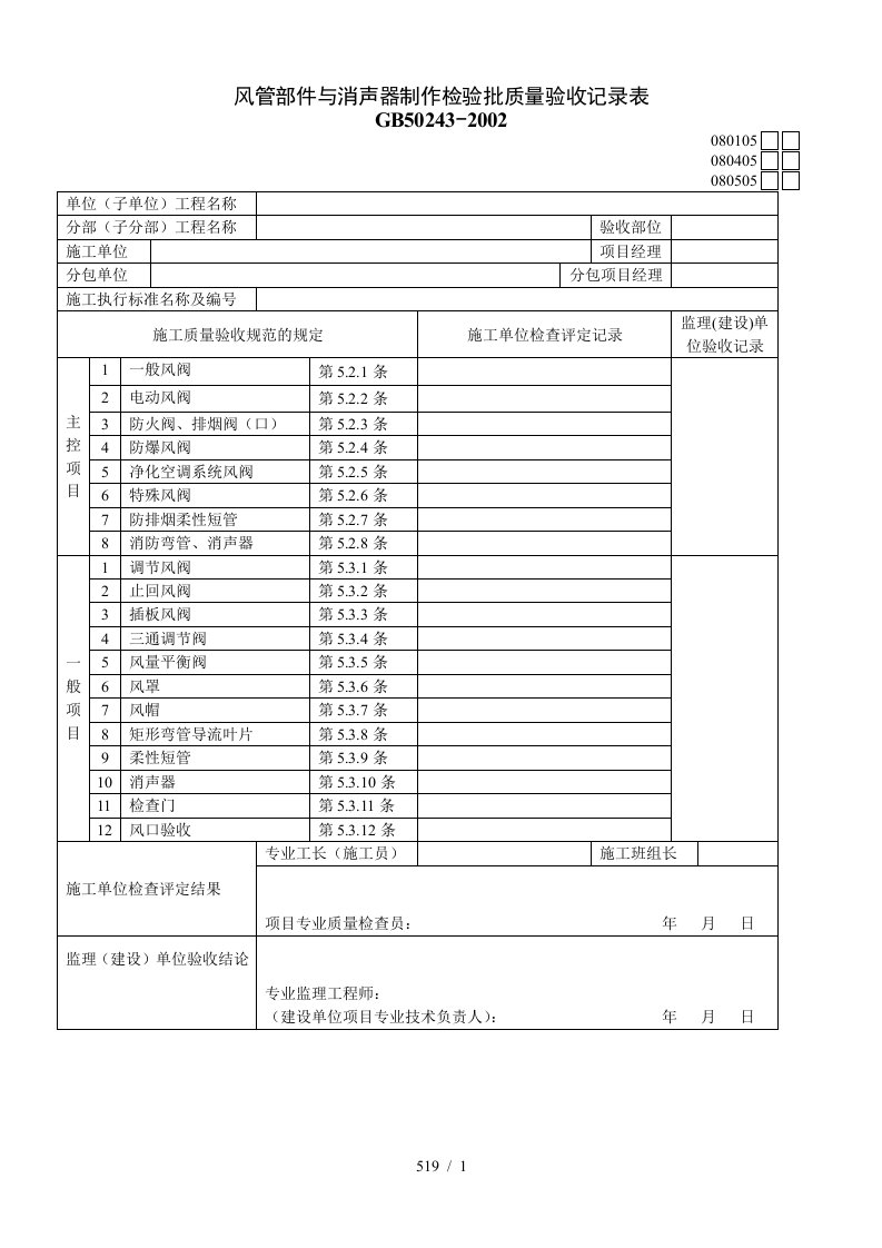 风管部件与消声器制作检验批质量验收记录表1