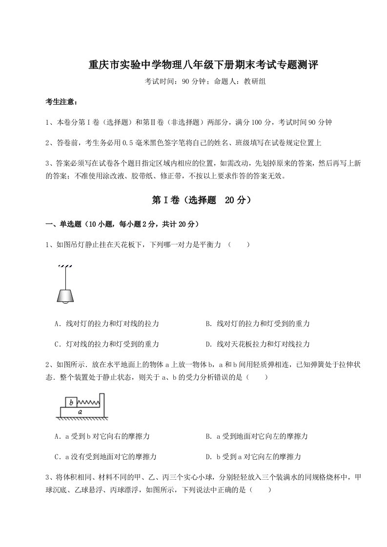 综合解析重庆市实验中学物理八年级下册期末考试专题测评试题（解析版）