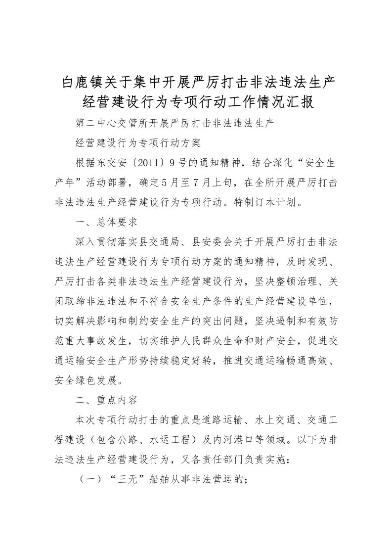 2022白鹿镇关于集中开展严厉打击非法违法生产经营建设行为专项行动工作情况汇报