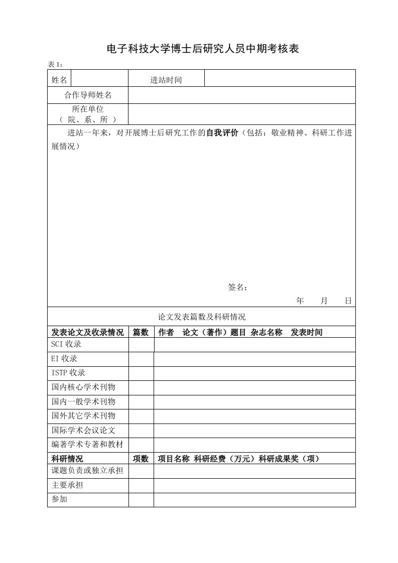 电子科技大学博士后研究人员中期考核表