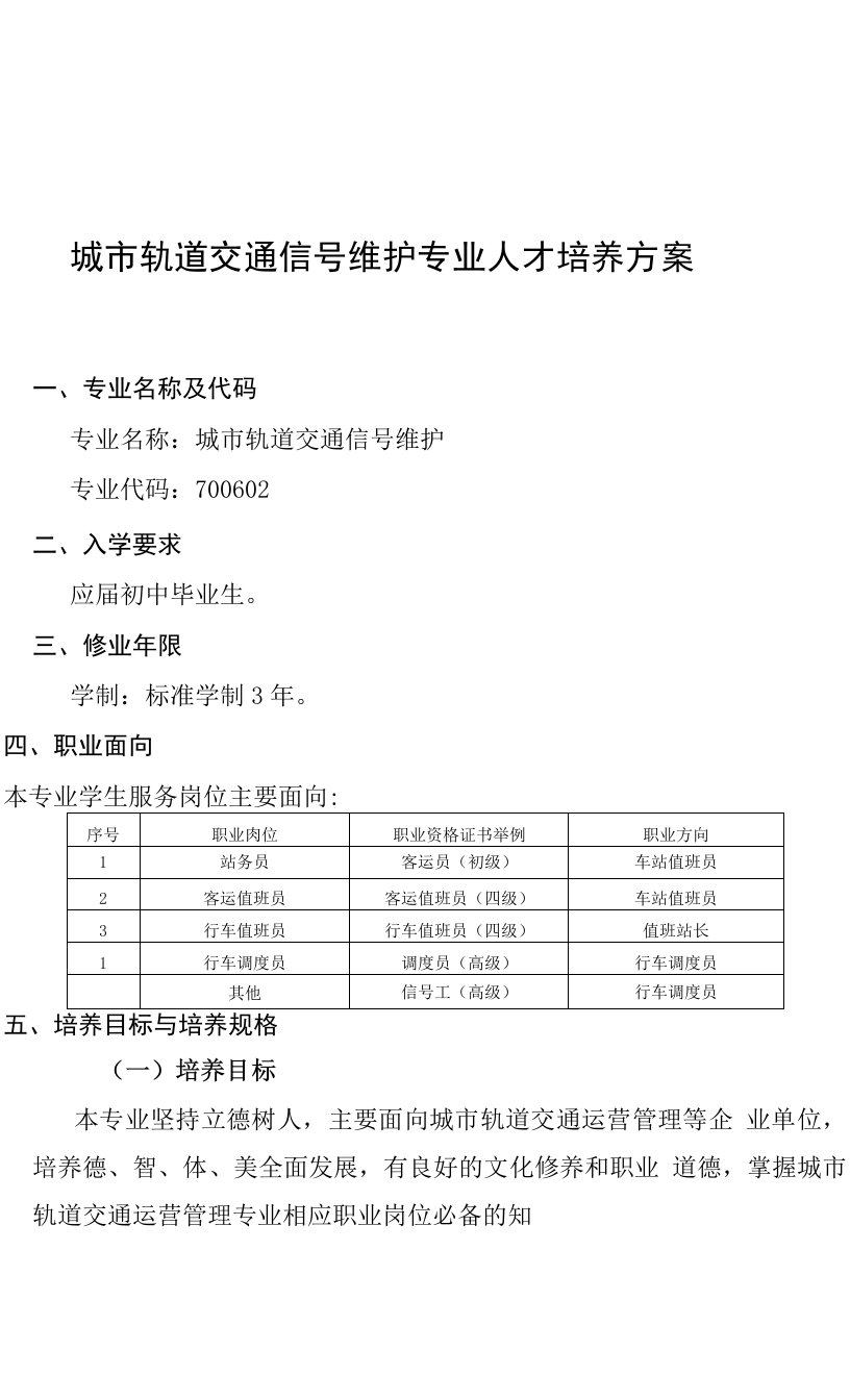 城市轨道交通信号维护专业人才培养方案（中职）