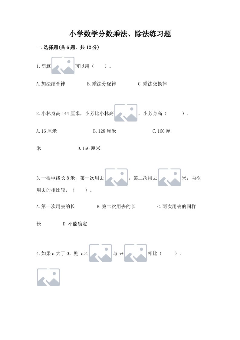 小学数学分数乘法、除法练习题及答案（真题汇编）