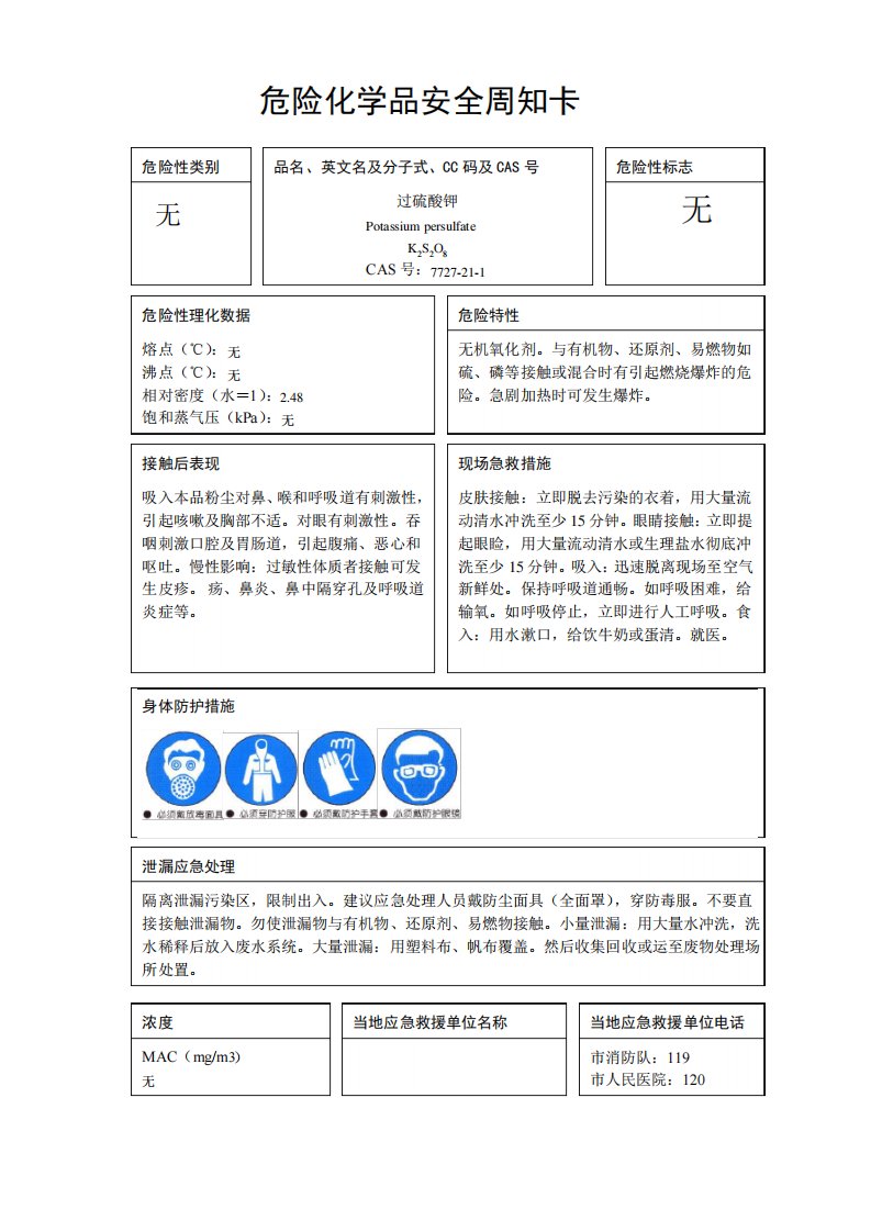 危险化学品安全周知卡(过硫酸钾、亚硫酸氢钠、硫化钠、次氯酸钠、过硫酸铵)