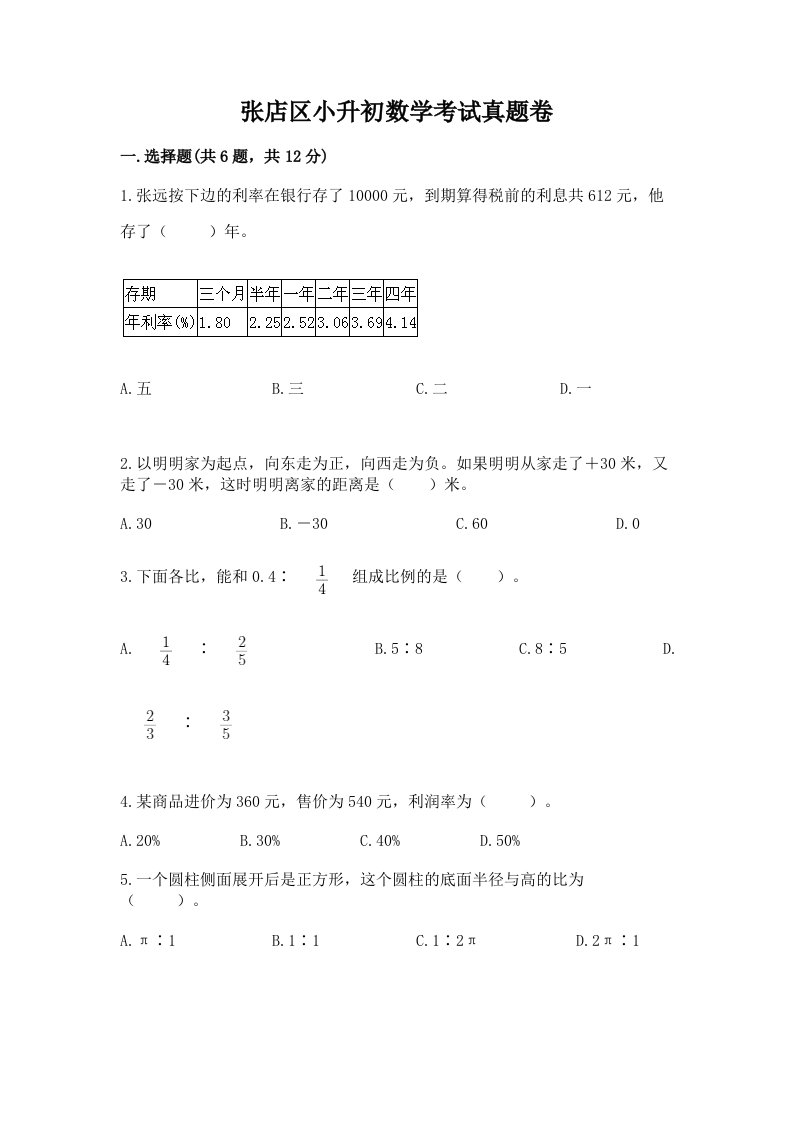 张店区小升初数学考试真题卷新版