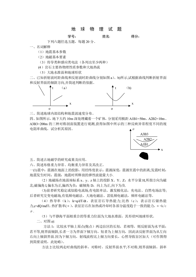 地球物理历年试题及答案