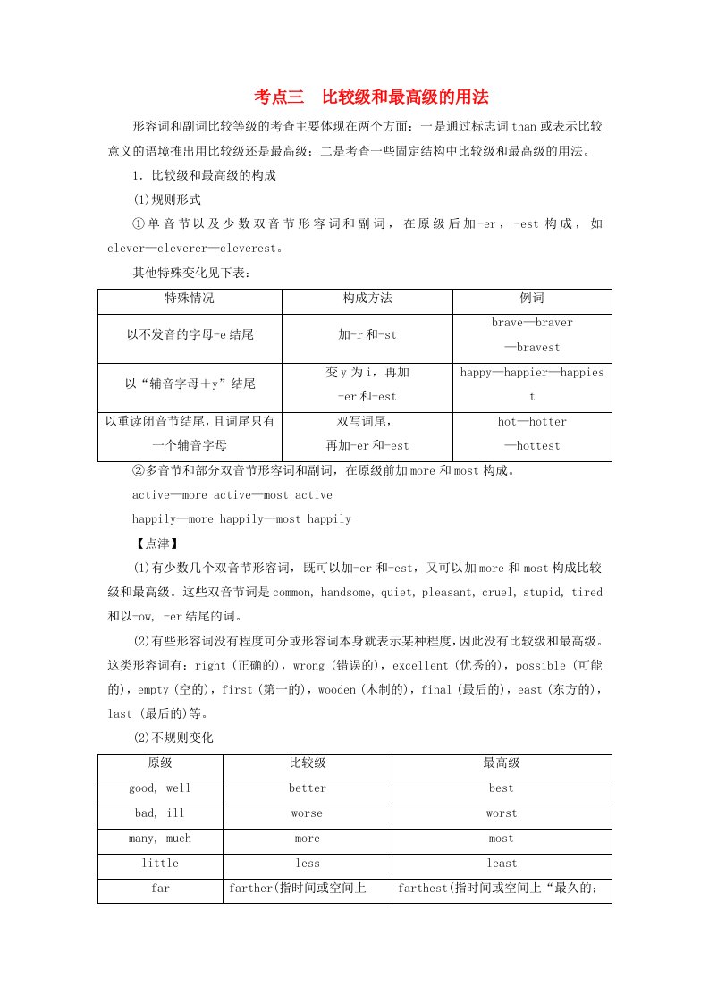 2025版高考英语一轮总复习考点突破专题四需要变形的名词形容词和副词第二讲形容词和副词考点三比较级和最高级的用法