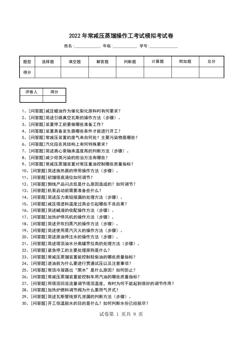 2022年常减压蒸馏操作工考试模拟考试卷