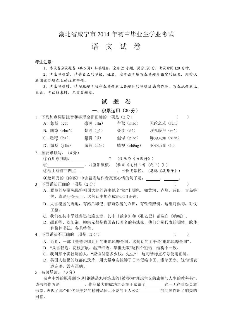 湖北省咸宁市2014年初中毕业生学业考试语文试题