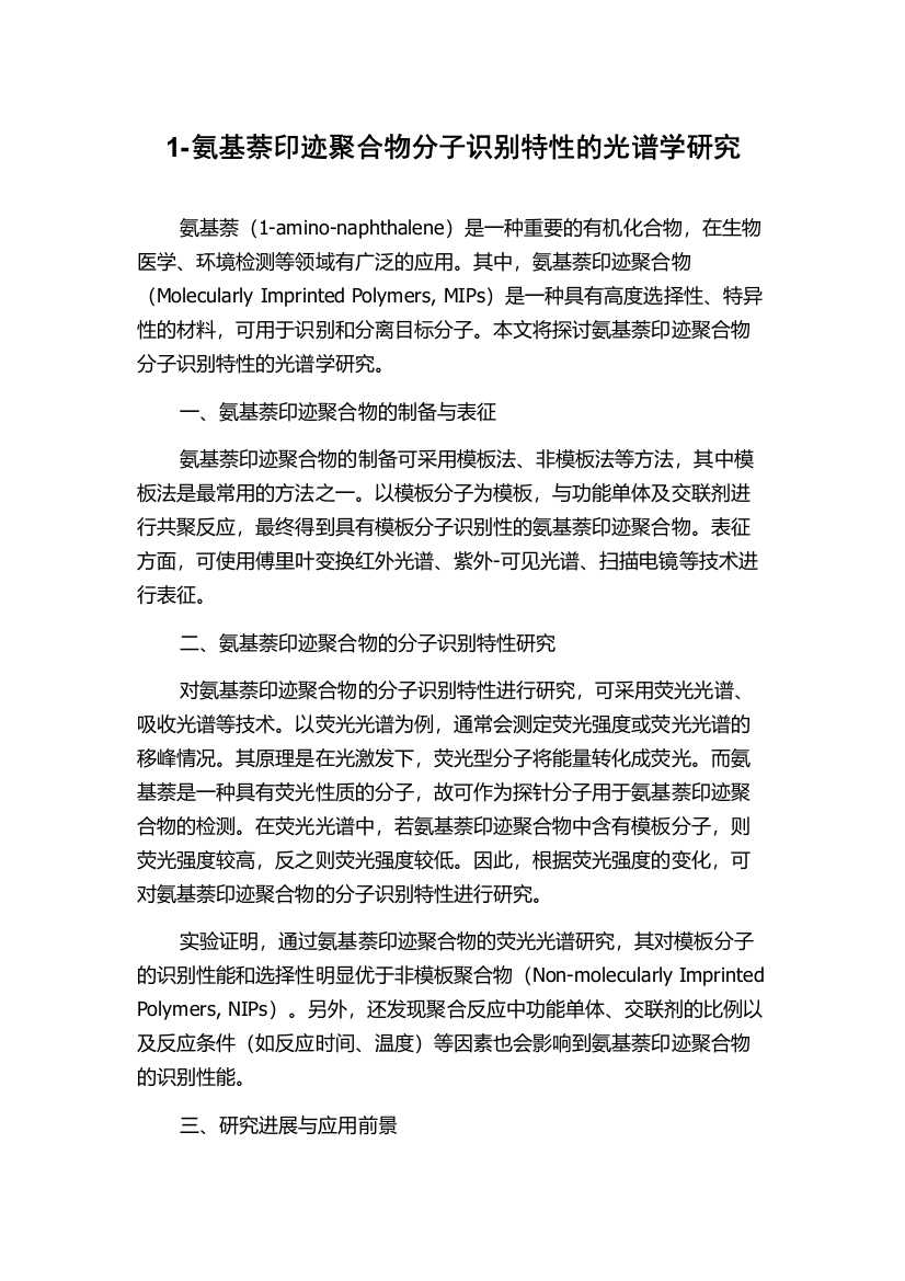 1-氨基萘印迹聚合物分子识别特性的光谱学研究