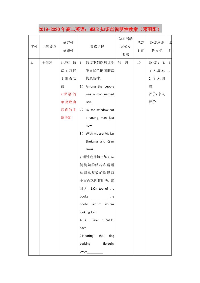 2019-2020年高二英语：M5U2知识点说明性教案（邓丽阳）