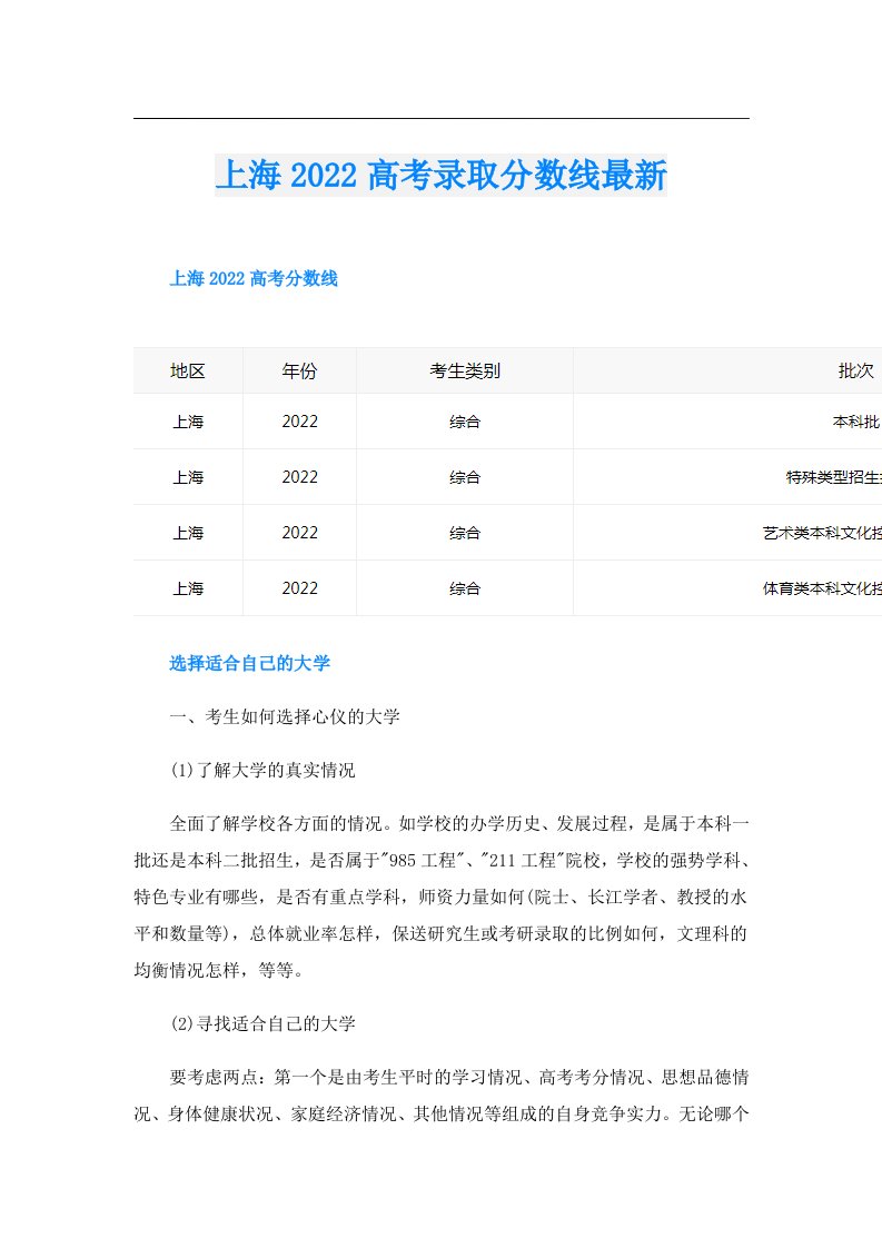 上海高考录取分数线最新