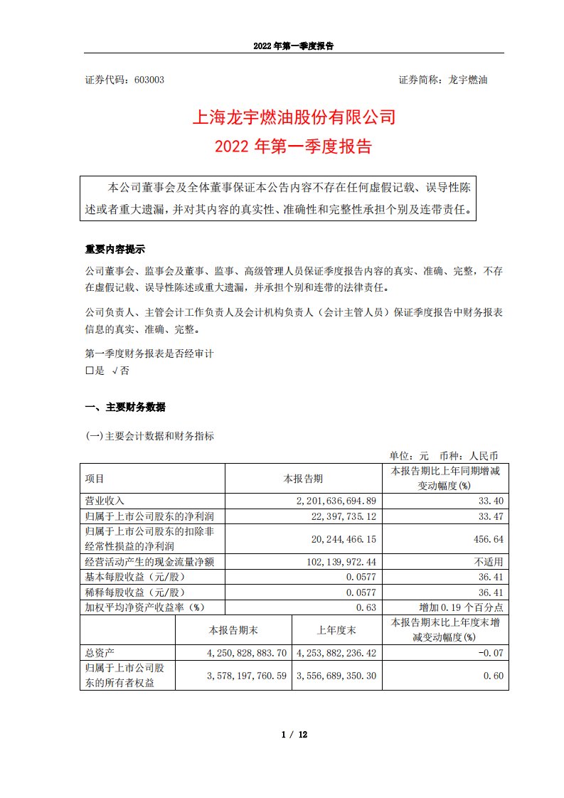 上交所-龙宇燃油2022年第一季度报告-20220427