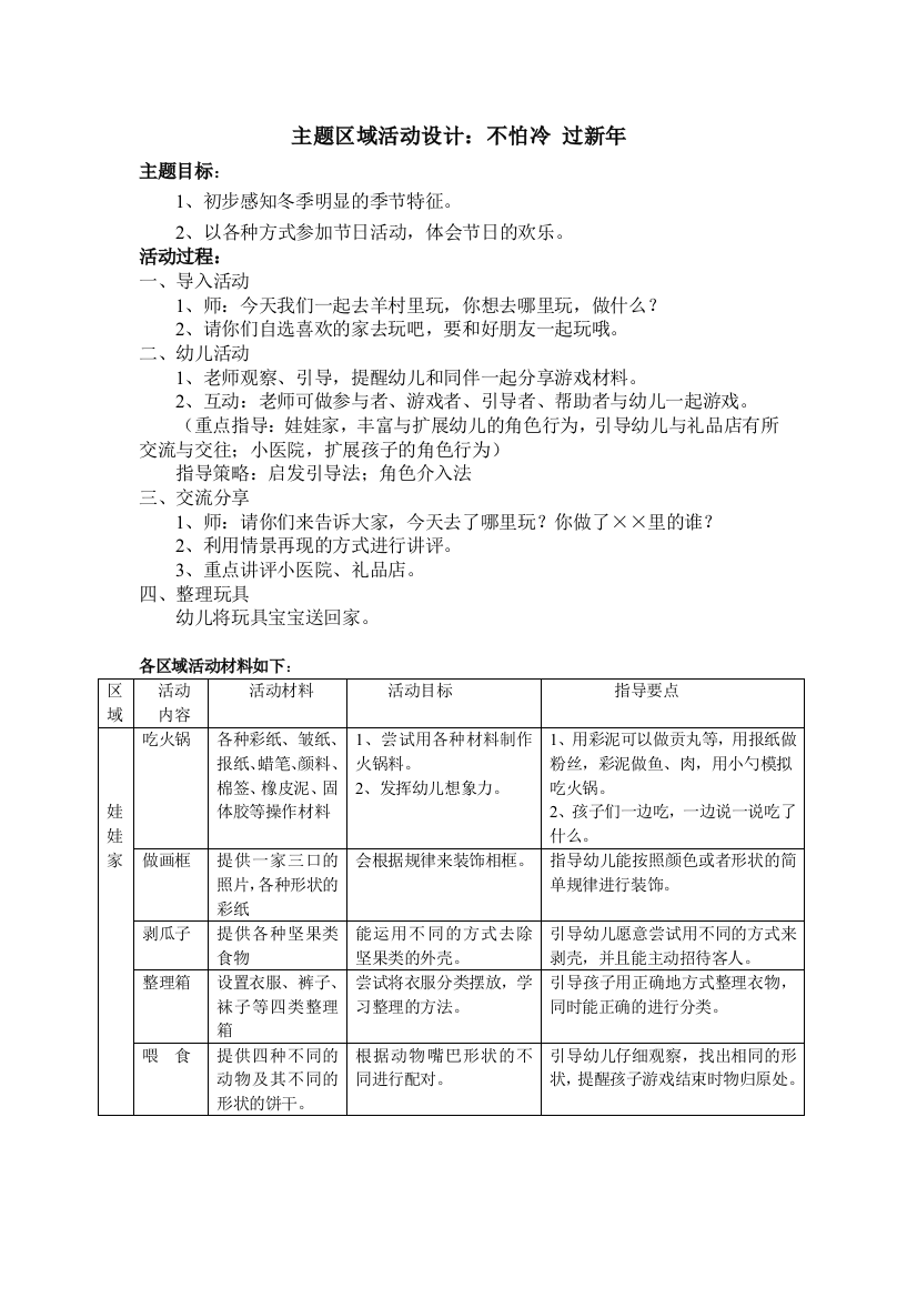 (完整word版)小班主题区域活动：不怕冷、迎新年