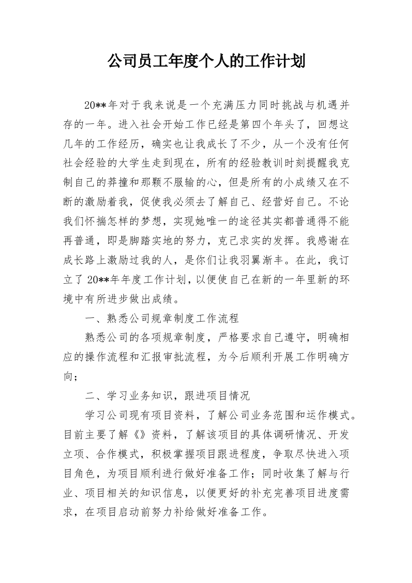 公司员工年度个人的工作计划